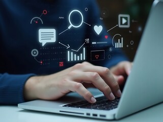 Close-up of hands typing on a silver laptop with digital icons overlaying, symbolizing communication, search, and data analysis. A modern tech and business concept.