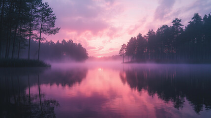A breathtaking sunset over a foggy, mist-covered lake surrounded by dense forests.