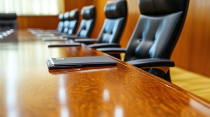 Empty conference room table, meeting chairs, office background, presentation prep