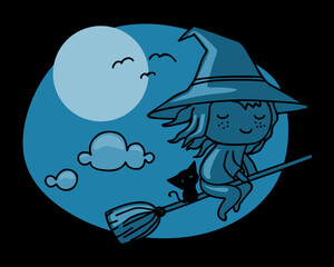 Childish illustration of a witch on her broomstick with her small black cat flying in front of the moon