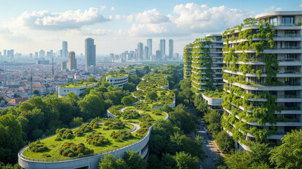 A futuristic urban skyline featuring eco-friendly architecture with lush rooftop gardens and vertical forests. A vision of sustainable living and green cities.