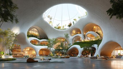 Biomorphic atrium interior design, lush greenery, futuristic architecture