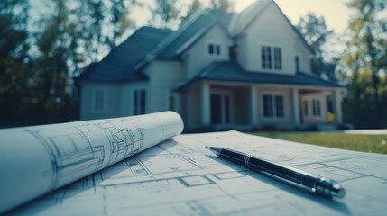 House blueprints, pen, lawn, new home background