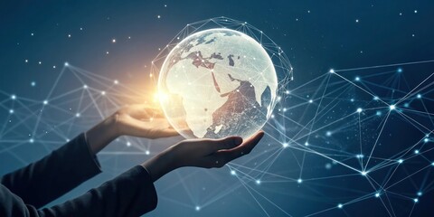 A hand holding a glowing digital globe, with mesh network lines connecting