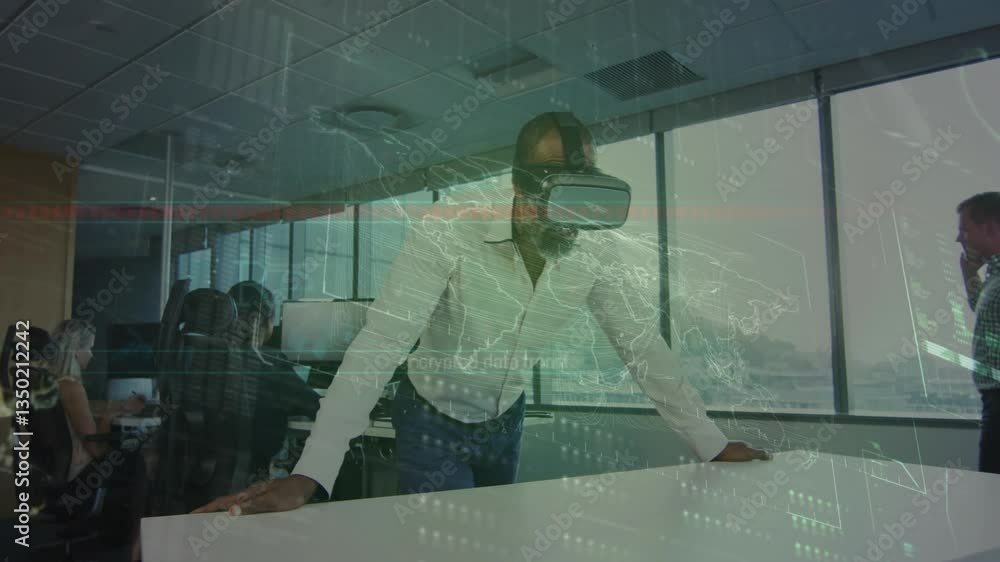 Aufkleber using virtual reality headset, man exploring digital animation map in office