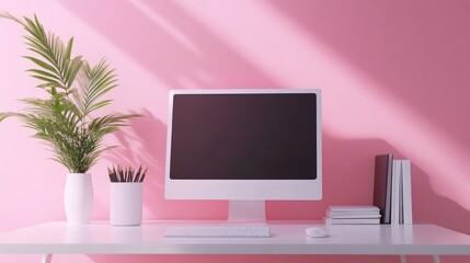 Fototapeta premium Pink room, desktop computer mockup, plant, books, sunlight