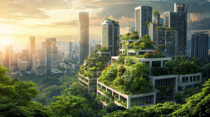 A futuristic urban skyline featuring eco-friendly architecture with lush rooftop gardens and vertical forests. A vision of sustainable living and green cities.
