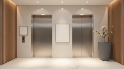 Modern Lobby with Two Elevators and Blank Frames