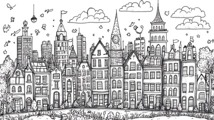 Creative hand-drawn cityscape whimsical illustration high resolution hd photo image