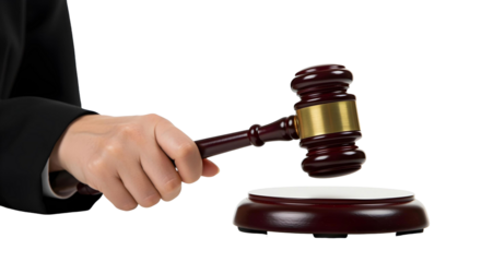 judge's hand holding a gavel to make a decision isolated transparent background, cut out, ai generated