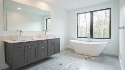 Modern Bathroom Interior with Freestanding Tub and Double Vanity