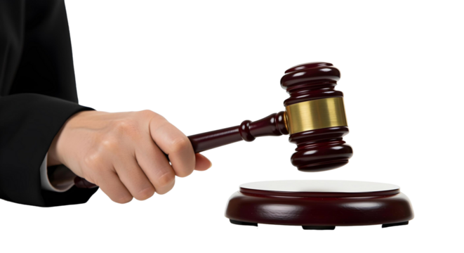 judge's hand holding a gavel to make a decision isolated transparent background, cut out, ai generated