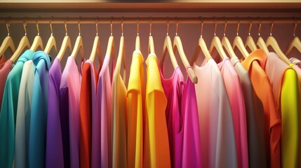 Colorful clothes hanging in closet, retail display, wardrobe organization