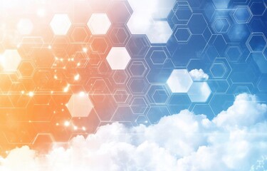 Obraz premium Abstract cloud technology background with hexagons and clouds, in a white, orange, and blue color scheme Generative AI