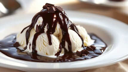Vanilla ice cream scoops with chocolate sauce and chocolate chunks