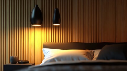 Warm bedroom lights illuminate wood wall, nightstand