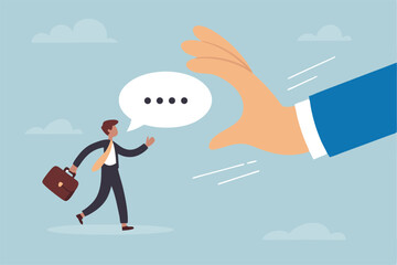 Rejection, decline or refuse in conversation, say no or disapprove, disagreement, deny request or manager decision authority, work conflict concept, businessman hand reject or deny employee request.