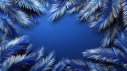 Naklejka premium Blue Palm Leaves Frame Background.