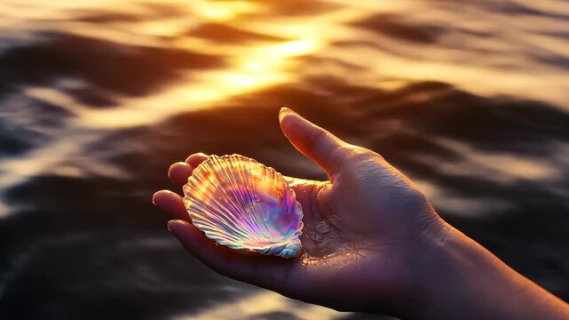 Shell at the sea at sunset. A sea shell in the color of the beach. Palms of palms of a young girl at sunset. Seashell by the ocean during sunset lifestyle.