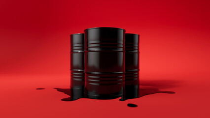 Fototapeta premium Three black metal oil barrels stand on spilled puddle of crude oil on red background. Black oil pond. Industry concept. 3d render illustration