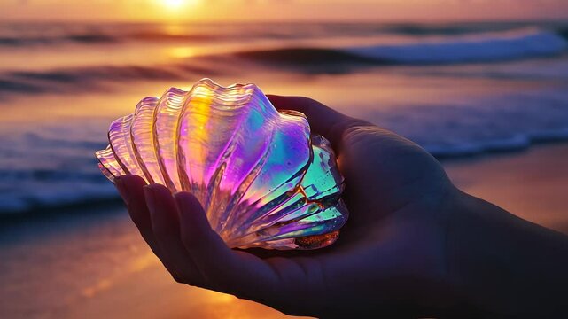 Shell at the sea at sunset. A sea shell in the color of the beach. Palms of palms of a young girl at sunset. Seashell by the ocean during lifestyle sunset.