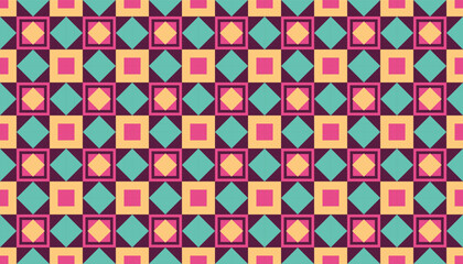 Repeating geometric pattern with harmonious combination of purple, green and yellow. This design creates a modern and aesthetic impression, suitable for various graphic and textile needs