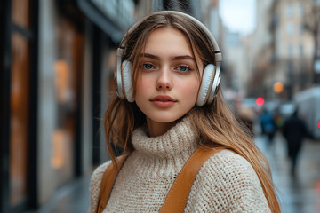 Young woman enjoys music while strolling in a city