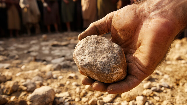 Close-up of a person throwing a stone on the ground after Jesus Christ said: "Let he who is without sin cast the first stone."