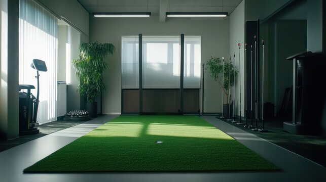 Indoor golf putting green, sunlight, fitness equipment, modern office
