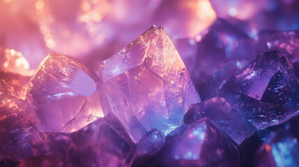 Fototapeta premium Amethyst Crystal Cluster with Shimmering Iridescent Purple Texture Natural Gemstone Mineral Background with Faceted Reflections