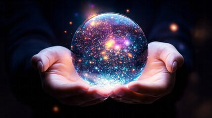 Fototapeta premium Person holding a glowing orb containing the galaxy within