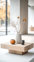 Minimalist wooden coffee table with vase and dried flowers