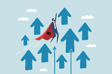 Growth, growing to success, winning or rising employee, skill to victory or development to achieve success, trend, performance or motivation concept, businessman superhero flying up with rising arrow.