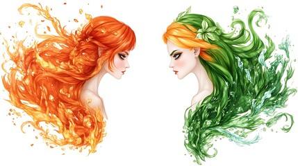 Fire and water elemental women facing each other.