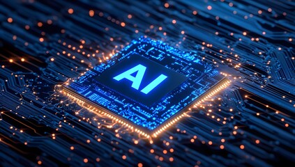 Obraz premium AI chip illuminated on a circuit board, representing artificial intelligence and technological advancement in computing
