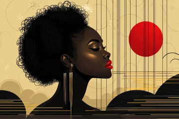 Art deco styled illustration depicting a serene woman with abstract patterns