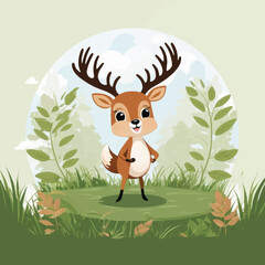 Naklejka premium Cute cartoon deer standing in a grassy field with foliage 
