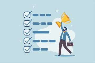 Habits or routine to success, checklist or factors to succeed and achieve goal, winner progress, planning, procedure or process concept, success businessman holding winner trophy with habit checklist.