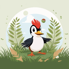 Naklejka premium Cartoon woodpecker playing with a ball in a grassy environment 