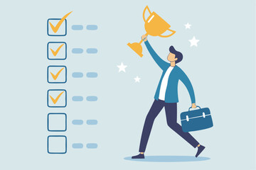 Habits or routine to success, checklist or factors to succeed and achieve goal, winner progress, planning, procedure or process concept, success businessman holding winner trophy with habit checklist.