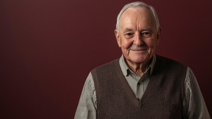 Fototapeta premium Distinguished Elderly Man in Dress Shirt and Vest Against Burgundy Background for Portrait Design