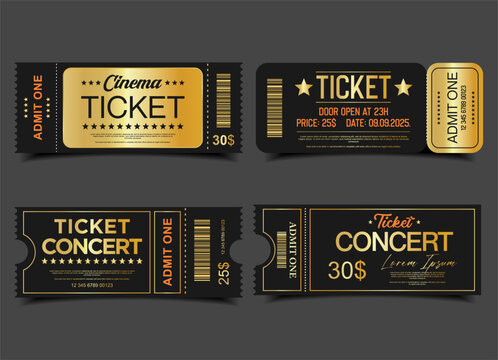 Concert, party or festival gold ticket design template admit one ticket design template  