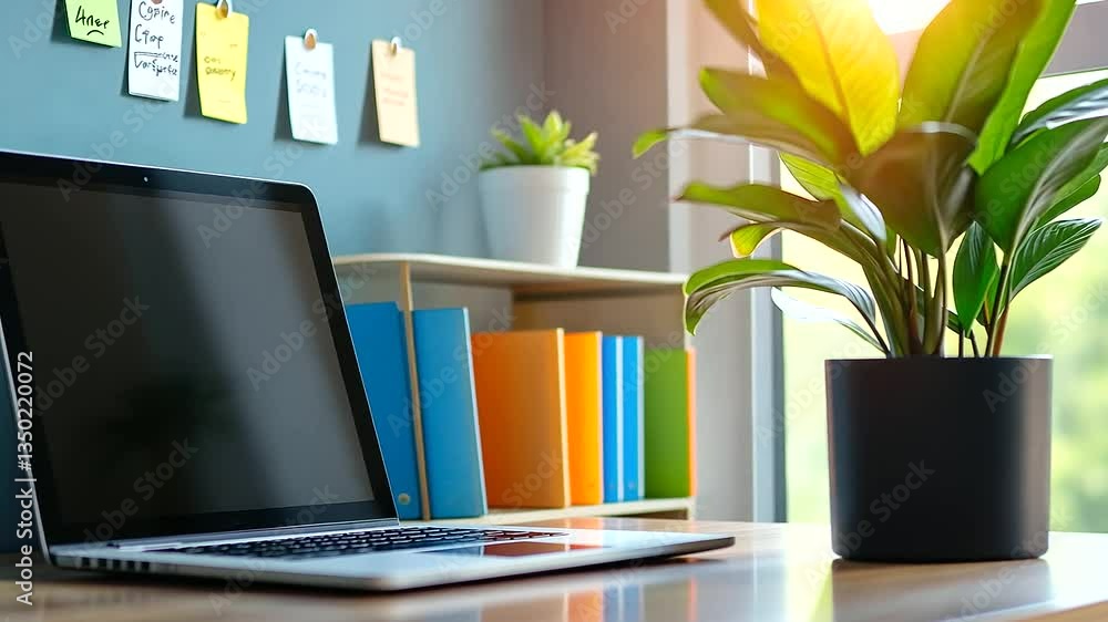 Poster an aesthetic work-from-home setup with colorful binders neatly lined up next to a laptop, motivation