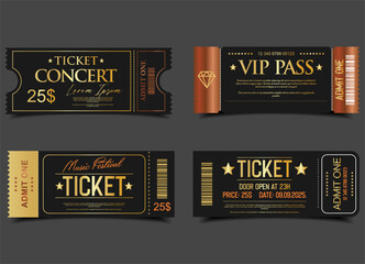 Concert, party or festival gold ticket design template admit one ticket design template  