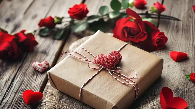 Romantic Valentine's Day Gift: A Brown Wrapped Present with Red Roses and Hearts