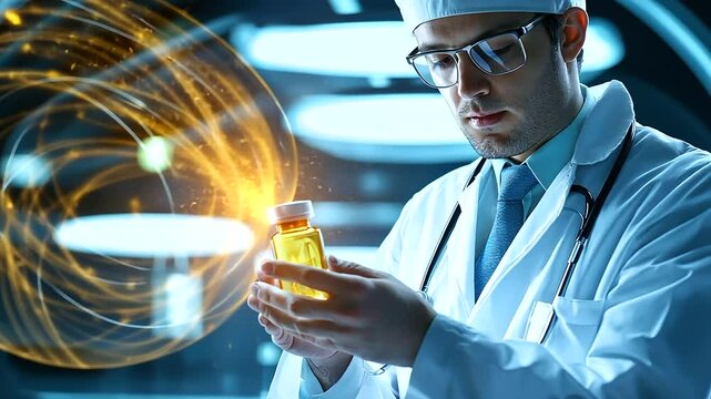 An artistic medical illustration featuring a doctor holding a vitamin D bottle while glowing energy lines representing strong bones and a healthy immune system swirl around them.