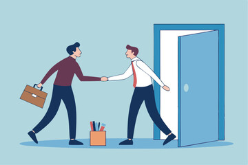 Offboarding process for employee leaving company, farewell or departure, quit job, decision for new opportunity, terminate work contract process, businessman manager check hands with leaving employee.