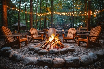 Cozy campfire gathering in a forested setting with string lights illuminating the peaceful evening
