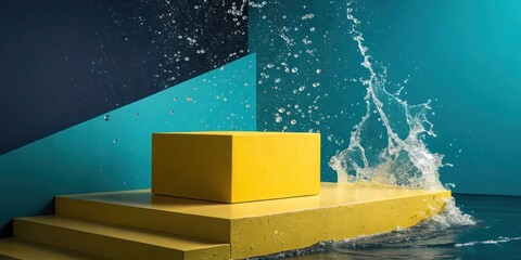 A high-contrast yellow podium with dramatic water splashes, set against a gradient background fading from deep navy to bright teal.
