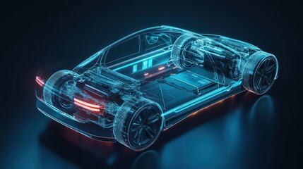 Electric car cutaway, studio, dark background, battery, future tech